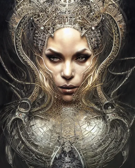 Prompt: full portrait of queen of the last hive, black metal shiny skin. intricate, elegant, highly detailed, centered, digital painting, artstation, concept art, smooth, sharp focus, illustration, artgerm, tomasz alen kopera, peter mohrbacher, donato giancola, joseph christian leyendecker, wlop, frank frazetta