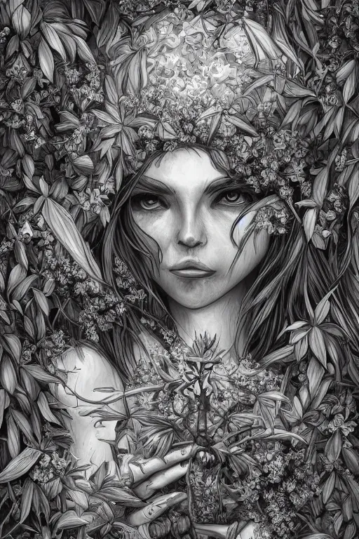 Image similar to book cover | plant fairy | digital painting | highly detailed | ultra realistic | dark fantasy | vivid colors | cinematic atmosphere | hyper detailed | black and white | strong lines