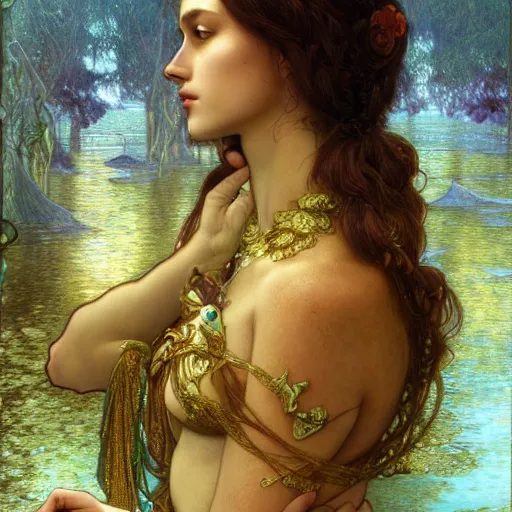 Image similar to portrait of a beautiful alluring female goddess wraith in a glowing lake, detailed, centered, digital painting, artstation, concept art, donato giancola, Dante Gabriel Rossetti, alphonse mucha, Joseph Christian Leyendecker, WLOP, Boris Vallejo, Breathtaking, 8k resolution, extremely detailed, beautiful, establishing shot, artistic, hyperrealistic, beautiful face, octane render