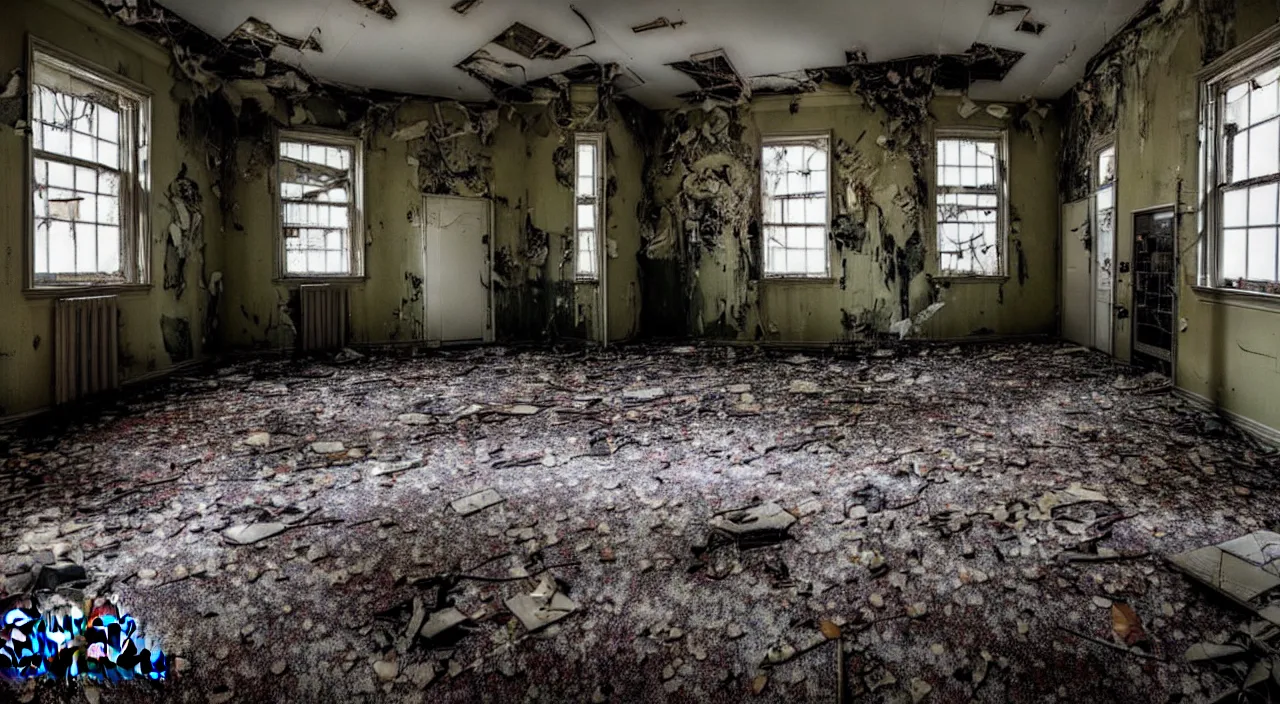 Image similar to photograph of the inside of a rotting abandoned hospital with a checkered floor, crime scene, horror, joe biden barely in view in the corner with a demonic grin on his face