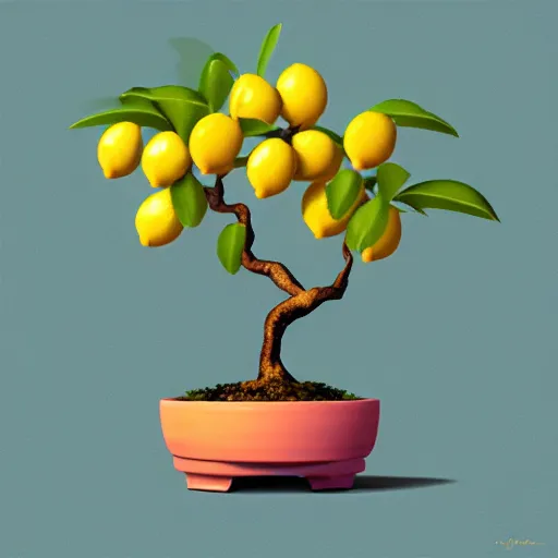 Image similar to bonsai fruit tree with lemons!! but minimalistic concept art by frank stella gilleard james whalen tom, colorful, soft light, trending on artstation, minimalism