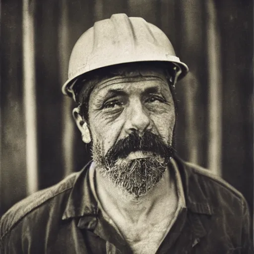 Prompt: portrait of coal mine worker by Diane Arbus, 50mm, bokeh