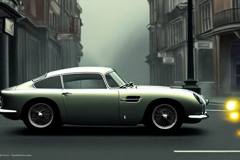 Image similar to a wholesome animation key shot of!! one!! focused!! aston martin db 5!!, dynamic, on a wet london street, raining, wide shot, studio ghibli, pixar and disney animation, sharp, very detailed, high resolution, rendered in unreal engine 5, anime key art by greg rutkowski, dull atmospheric lighting