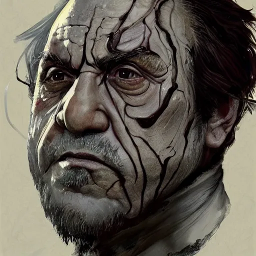 Image similar to a professionally painted portrait of Danny Devito, clothed in ancient battle armor, wrinkled skin, curly black hair, scar across face, intricate, elegant, digital painting, trending on Artstation, concept art, smooth, sharp focus, illustration, from Metal Gear by Ruan Jia and Mandy Jurgens and Artgerm and and william-adolphe bouguerea, award winning