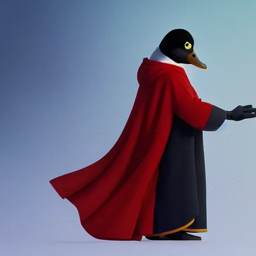 Prompt: a wholesome animation key shot of a black mallard, wearing red cultist robe, pixar and disney animation, sharp, rendered in unreal engine 5, anime key art by greg rutkowski, bloom, dramatic lighting