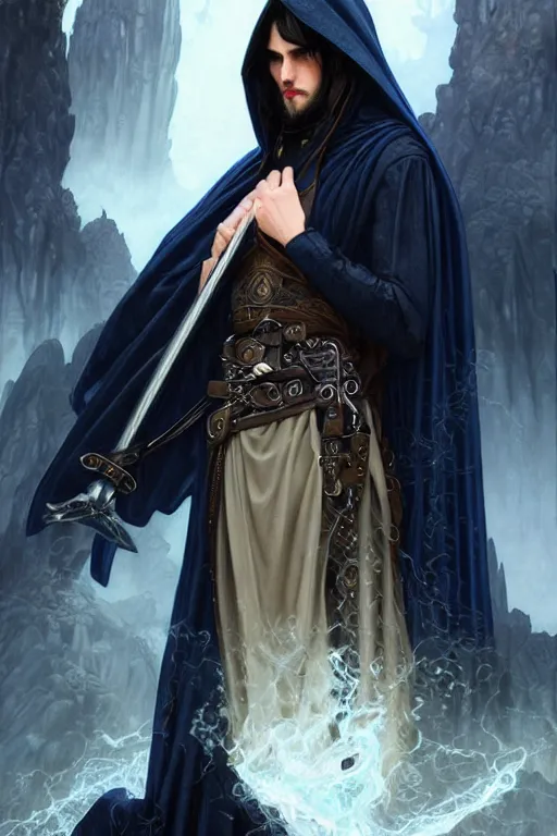 Image similar to handsome male fighting a giant, long black hair blue eyes wearing cloth mantle gothic navy cloak with leather details, cliffside town, fantasy character portrait, ultrarealistic, intricate details, elegant, cinematic lighting, highly detailed, artstation, cgsociety, sharp focus, beautiful digital painting by artgerm, gerald brom, wlop, alphonse mucha