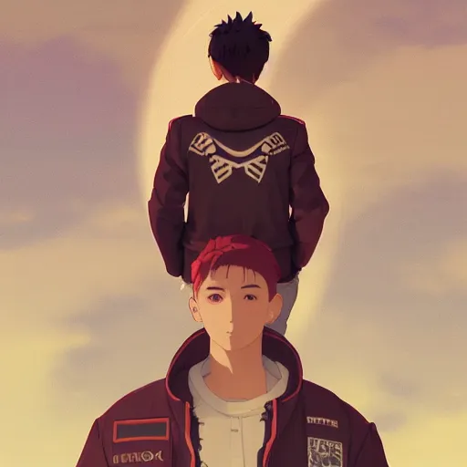 Image similar to a handsome young man! model, wearing ma - 1 flight suit jacket and overalls, bulky poofy bomber jacket with mayan patterns, trending on pixiv fanbox, painted by greg rutkowski makoto shinkai takashi takeuchi studio ghibli, akihiko yoshida