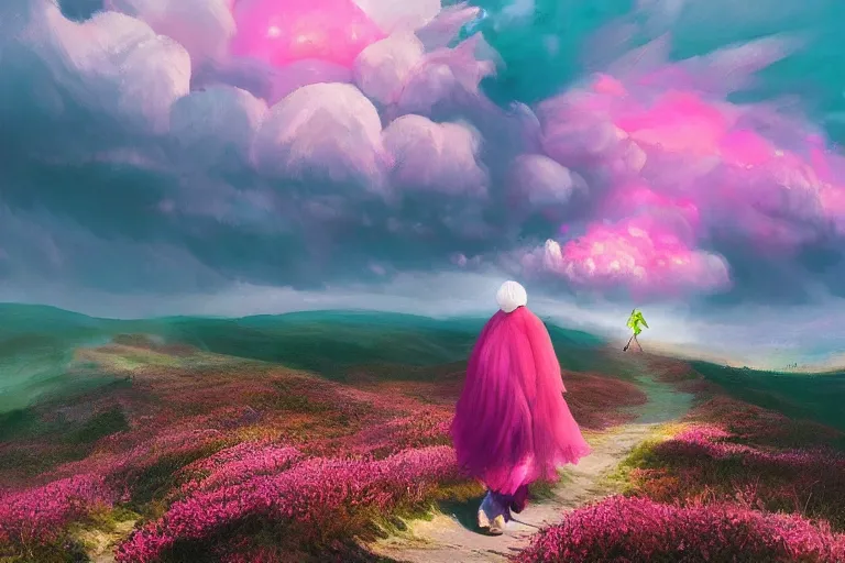 Prompt: giant dahlia flower under head, girl walking on mountain, surreal photography, pink storm clouds, dramatic light, impressionist painting, digital painting, artstation, simon stalenhag