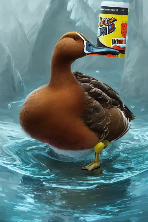 Image similar to duck drinks energy napiokmonstr energy, concept art, wlop, digital painting, trending on artstation, highly detailed, epic composition, official media, 8 k uhd