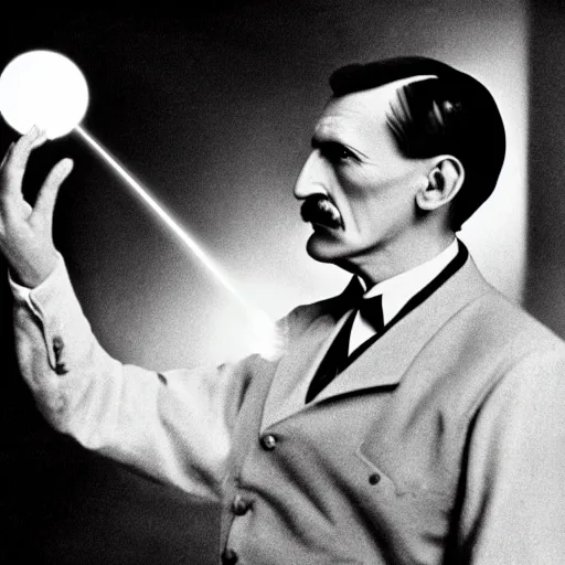 Image similar to UHD candid color photo of Nikola Tesla firing a phaser at Hitler, accurate faces, UHD, photorealistic, correct face, photo by Annie Leibowitz