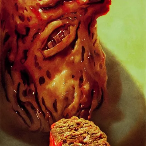 Image similar to big eyes wide open, horrific sentient meatloaf, holding meatloaf, sloppy, gross, meatloaf, hyper realistic, terrifying, disturbing, strange, bizarre, masterpiece, meatloaf is everywhere, ground beef bloody, liquid, 4 k, vivid colors, elegant, highly detailed, john park, frazetta, john howe, ruan jia, jeffrey catherine jones