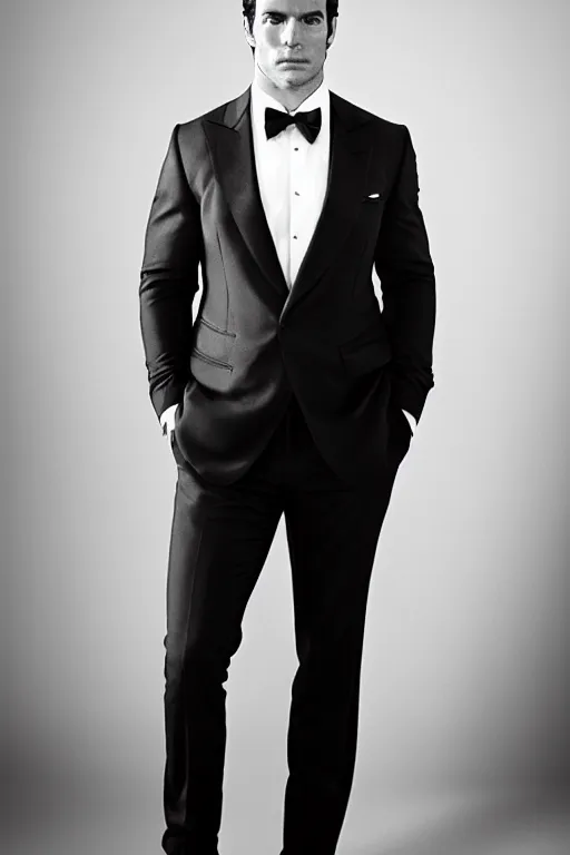 Image similar to portrait of henry cavill wearing an elegant tuxedo, 5 5 mm lens, professional photograph, black and white, elegant, serious, stern look