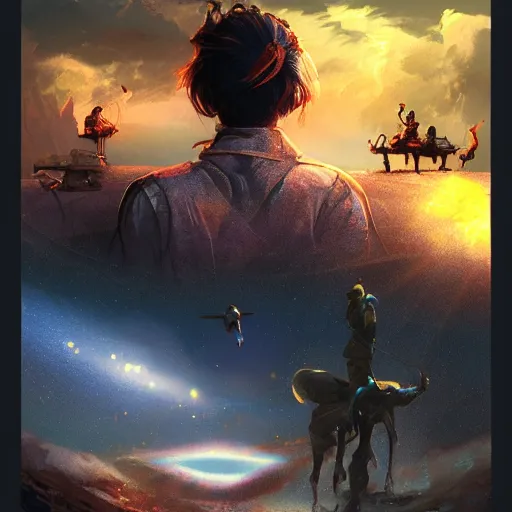 Prompt: Movie playing in the sky, award winning concept art, trending on artstation, matte