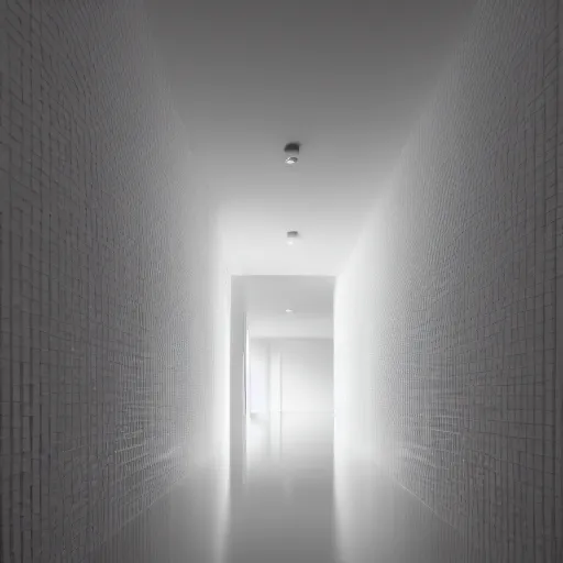 Image similar to a flooded room that leads into a curved hallway, all white ceramic tiles, dark lighting, surreal, liminal space