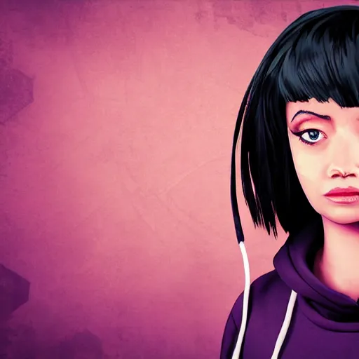 Image similar to poster artwork, sci fi, a female, full body, black hoodie techie, black hair with purple streaks, 8 k