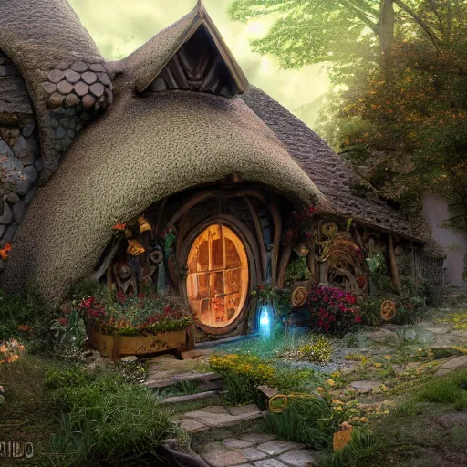 Image similar to a medieval hobbit house, ornate, beautiful, atmosphere, vibe, flowers, concept art illustration, color page, 4 k, tone mapping, doll, akihiko yoshida, james jean, andrei riabovitchev, marc simonetti, yoshitaka amano, digital illustration, greg rutowski, volumetric lighting, sunbeams, particles