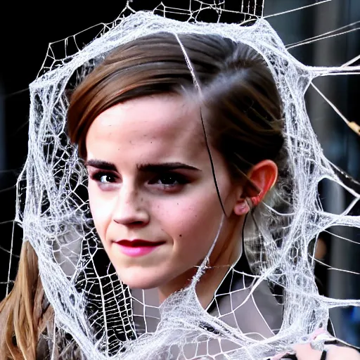 Image similar to emma watson hanging and trapped in a giant spider web with face - covered