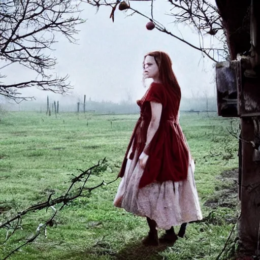 Prompt: a girl in a white cotton dress. a decaying georgian farmhouse. a tree of red apples. folk horror. gothic