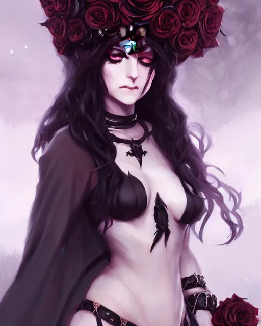 Image similar to dressed dark sorceress surrounded by black roses horns and skulls, cushart krenz, very detailed, realistic face, detailed face, matte, tonemapping, bbwchan, perfection, 4 k, cushart krenz