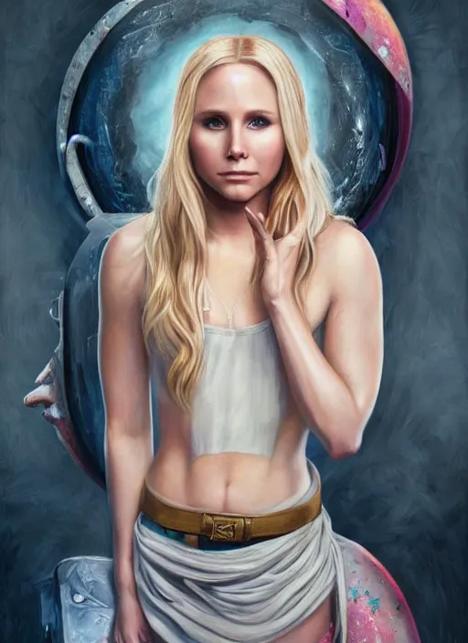 Image similar to a painting of kristen bell with long blonde hair, a photorealistic painting by magali villeneuve, featured on cgsociety, fantasy art, detailed painting, photorealistic