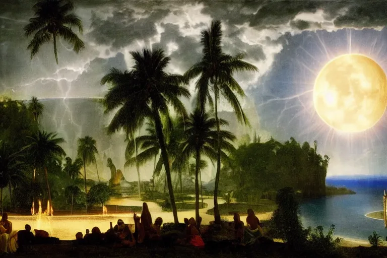 Prompt: The chalice of the occult, refracted moon sparkles, thunderstorm, greek pool, beach and Tropical vegetation on the background major arcana sky and occult symbols, by paul delaroche, hyperrealistic 4k uhd, award-winning, very detailed paradise