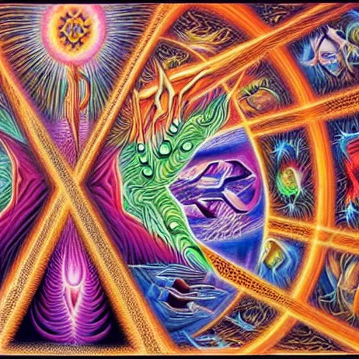 Prompt: alex grey painting of the meaning of life