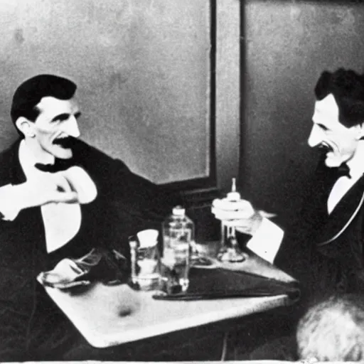 Prompt: A photo of Nikola Tesla and Albert Einstein, in a bar, having a glass of whiskey, chatting about science and smiling, having a good time