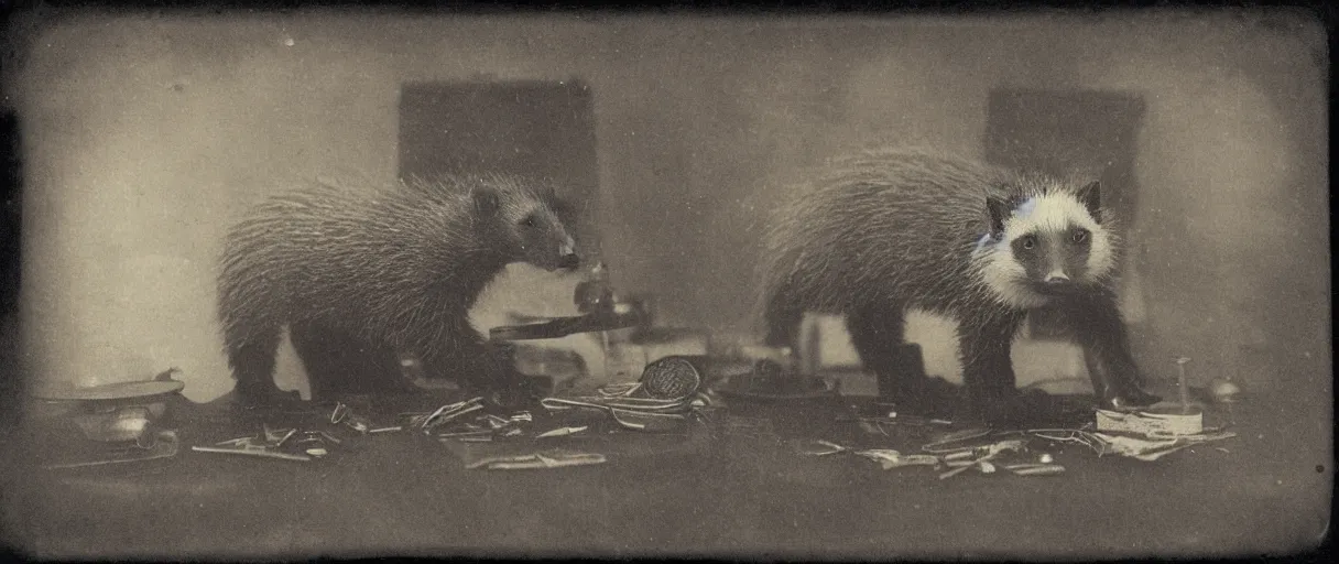 Image similar to detailed daguerreotype of a honey badger as watchmaker in workshop, stempunk laboratory, vintage style, wet collodion, stempunk, sepia, monochrome black and white, artistic photo from late xix century, high resolution, dark atmosphere
