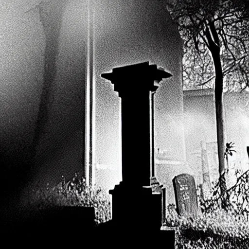 Image similar to cctv security cam grainy black and white footage of baron samedi in an spooky graveyard. baron samedi is wreathed in mist and shadow and is looking at the camera.