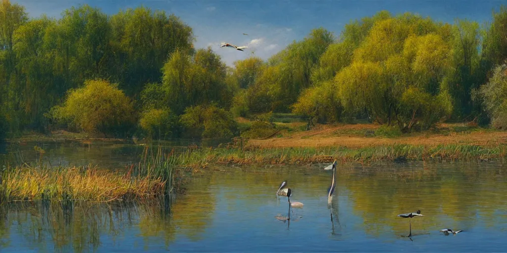 Image similar to a beautiful lake landscape in summer, reed on riverbank, stork in water, no mountains, clear sky, colorful, by Ernest deutsch + Ted Nasmith, cinematic lighting, masterpiece, highly detailed, 8k resolution, trending on art station