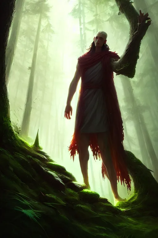 Image similar to nature sorcerer, forest background, colorful magic, male, epic, white skin, young, sharp, concept art, digital art, dynamic lighting, unreal engine, octane, in the styles of greg rutkowski and svetlin velinov