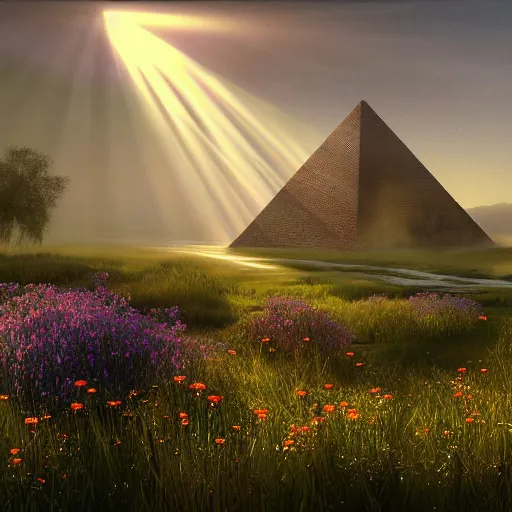Image similar to rhythmic interval tectonic organic mystical megastructure crystal lattice pyramid architectures exploding with light and god rays in a meadow full of wildflowers by albert bierstadt, by glen small, by giovanni battista piranesi, photorealistic, god rays, octane render, depth of field, volumetric light, volumetric fog, holy spirit