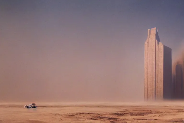 Prompt: inside a gigantic monolithic skyscraper, open wall architecture, sand storm enters the building, concrete pillars, ancient sci - fi elements, on an alien planet, sun is blocked by dust, pale orange colors, cinematographic wide angle shot, directed by christopher nolan