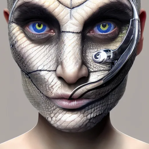 Prompt: A portrait of reptilian, snake eyes, slit pupils, metallic scales, Liz Truss, human-animal hybrid, hyperrealistic, trending on artstation