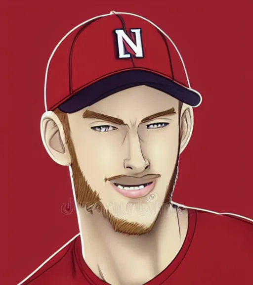 Image similar to tall skinny white guy with very short blonde beard wearing an nc state red baseball cap and red shirt full color digital illustration in the style of don bluth, artgerm, artstation trending, 4 k