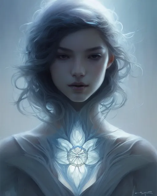 Image similar to concept art by artgerm, crystal flower, soft grey and blue natural light, intricate, highly detailed dark art, digital painting, artstation, concept art, smooth, sharp focus, illustration, art by greg rutkowski and luis rollo and uang guangjian and gil elvgren, symmetry!