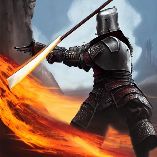 Image similar to medieval knight with a flaming greatsword dueling a samurai with a flaming katana at the foot of a mountain, concept art, matte painting, ultra fine detail, dark and gloomy