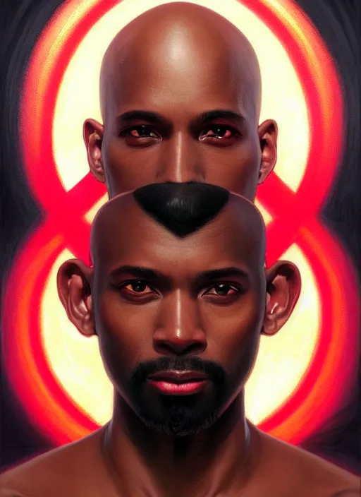 Prompt: symmetry!! portrait of a dark skinned, bald, terrence boyd as a jesus christ in a red kimono with an halo, face close - up, intricate, elegant, highly detailed, digital painting, artstation, concept art, smooth, sharp focus, illustration, art by artgerm and greg rutkowski and alphonse mucha