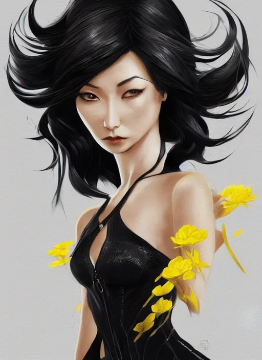 Image similar to a highly detailed illustration of meisa kuroki as short black haired young woman wearing black suit with coattails, yellow eyes, dramatic elegant pose, intricate, elegant, highly detailed, centered, digital painting, artstation, concept art, smooth, sharp focus, league of legends concept art, wlop.