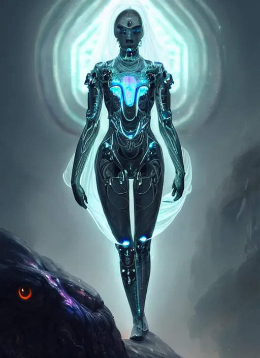 Image similar to translucent iridescent cyborg with flaming eyes, veiled in mist, full body, heroic lighting, dark fantasy, intricate, elegant, highly detailed, lifelike, photorealistic, digital painting, artstation, illustration, concept art, smooth, sharp focus, art by John Collier and Albert Aublet and Krenz Cushart and Artem Demura and Alphonse Mucha