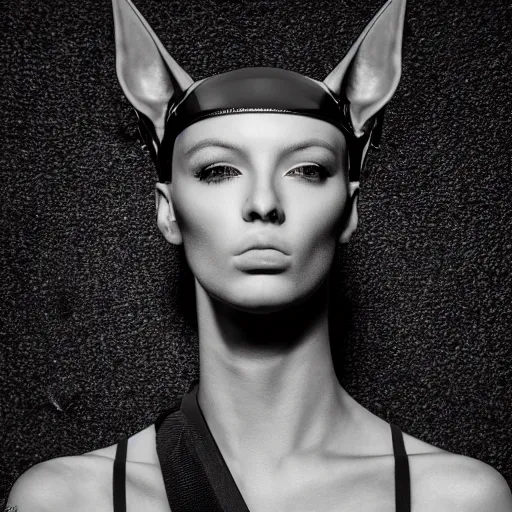 Prompt: fashion photography of model with the head of a doberman, wearing futuristic hip - hop fashion, inside berghain, futuristic fashion, photo 3 5 mm leica, hyperdetail, 8 k, very detailed, black and white