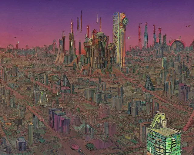 Image similar to atompunk / decopunk city in the style of jean giraud in the style of moebius trending on artstation deviantart pinterest detailed realistic hd 8 k high resolution