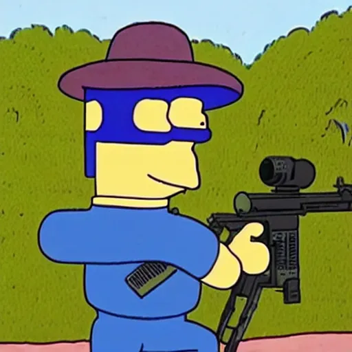 Image similar to ralph wiggum shooting a sniper rifle, ultra realistic