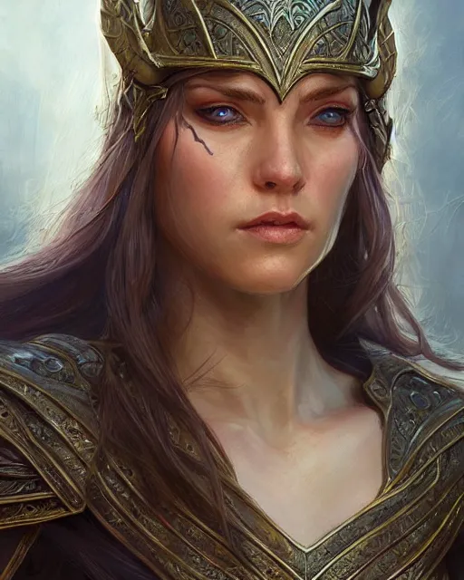 Image similar to female elven warrior portrait | highly detailed | very intricate | symmetrical | cinematic lighting | award - winning | closeup portrait | painted by donato giancola and mandy jurgens and charlie bowater | featured on artstation