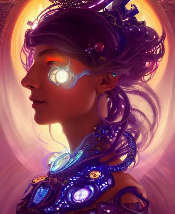 Image similar to a whirlwind of souls rushing inside the metaverse, half body, glowin eyes, tiara with sapphire, pharaoh, android, cyberpunk, d & d, fantasy, intricate, elegant, highly detailed, colorful, vivid color, digital painting, artstation, concept art, art by artgerm and greg rutkowski and alphonse mucha and ruan jia