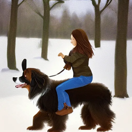 Image similar to girl riding giant Bernese Mountain Dog in the park, trending on artstation