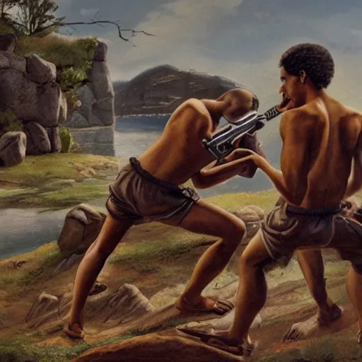 Image similar to schoolbook image of ancient humans discovering guns near a rock.