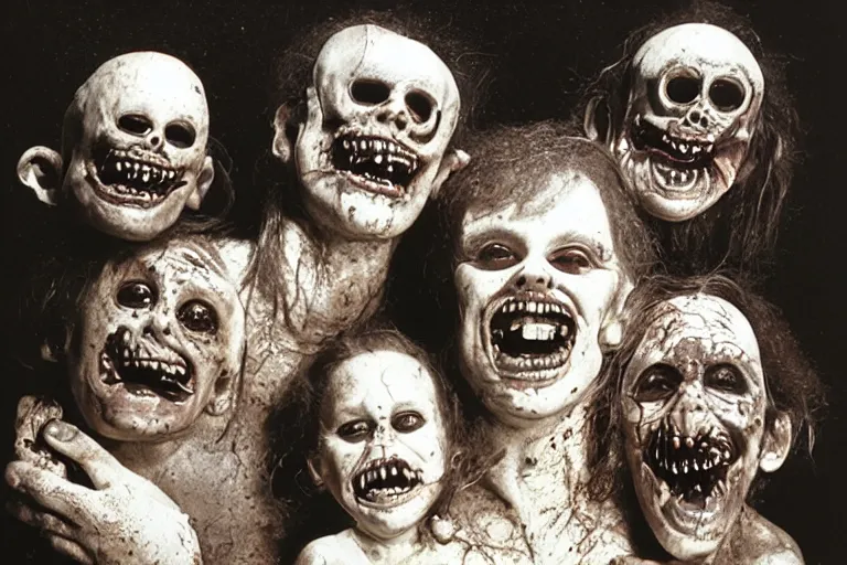 Image similar to studio portrait of a happy creepy mud family in vacation by bob bottin, horror grotesque, realistic detailed photography 1 9 8 0's