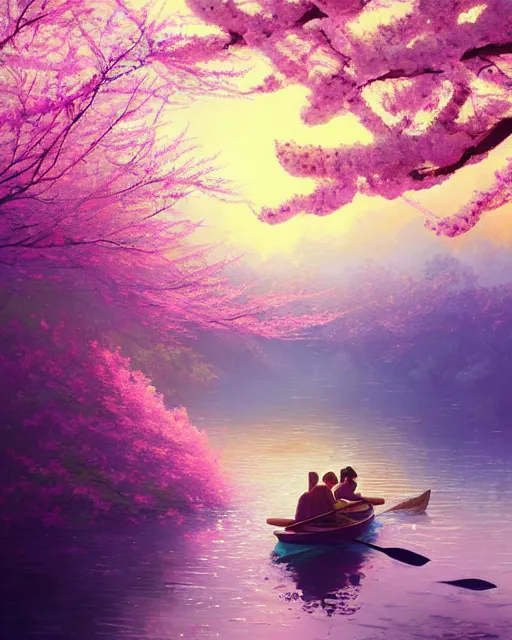 Image similar to a couple in a rowboat traveling down the river | cherry - blossoms | highly detailed | very intricate | serene romantic fantasy whimsical magical | soft bright natural morning light | pixar | award - winning | matte painting by anton fadeev and paul lehr and rhads and alena aenami | pastel color palette | featured on artstation