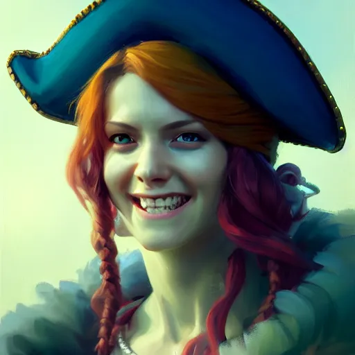 Prompt: portrait painting of a pirate queen age 2 5, bright and energetic, with a sweet smile and floofy hair, render cinematic lighting art 1 9 2 0 period drama by bussiere rutkowski andreas rocha